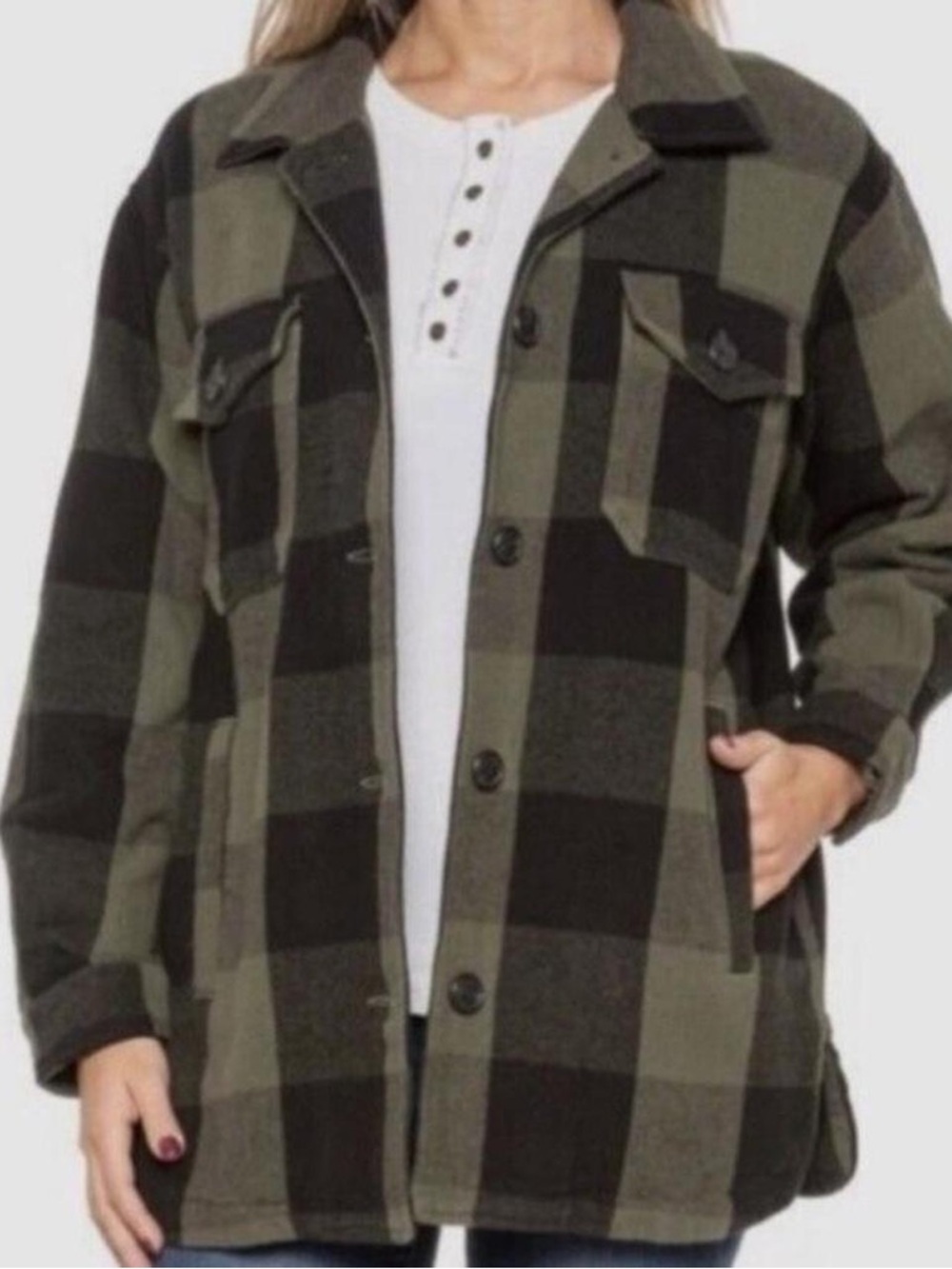 Lucky Brand Olive and Black Plaid Oversized Shacket - Medium